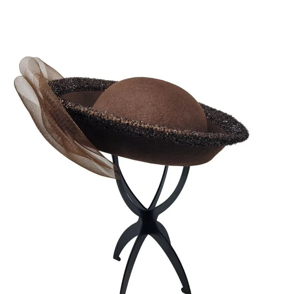 Vintage Unique Rare Wool Church Hat Bumper Halo Brown Netted Bow Chocolate‎